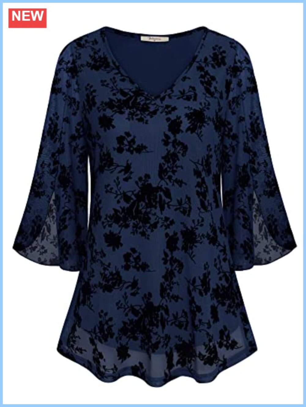 Womens Ruffle 3/4 Sleeve V Neck Floral Mesh Tunic Blouse Loose Fit Flowy